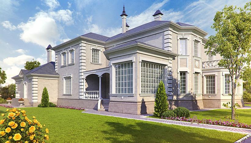 5. Проект двухэтажного дома в классическом стиле с четырехскатной, SOV-18, площадью - 536 кв c балконом, гаражом, эркером